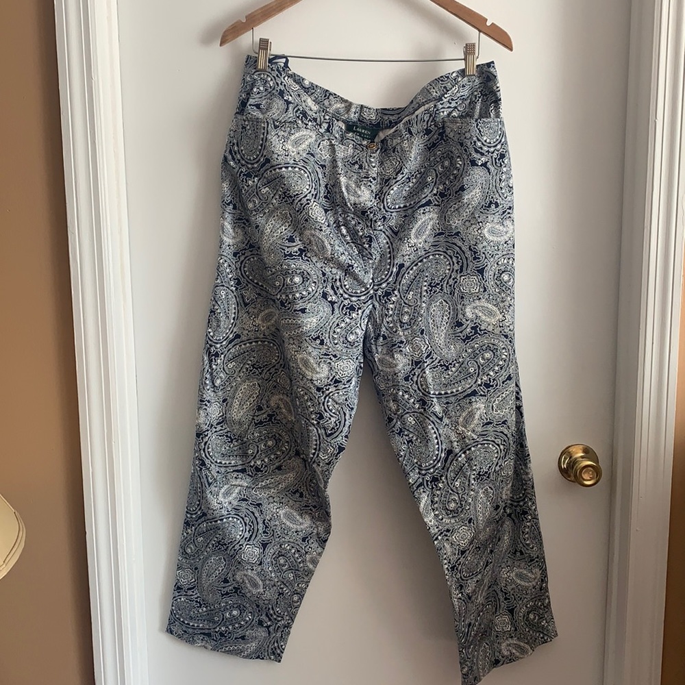 Navy and white paisley pants
